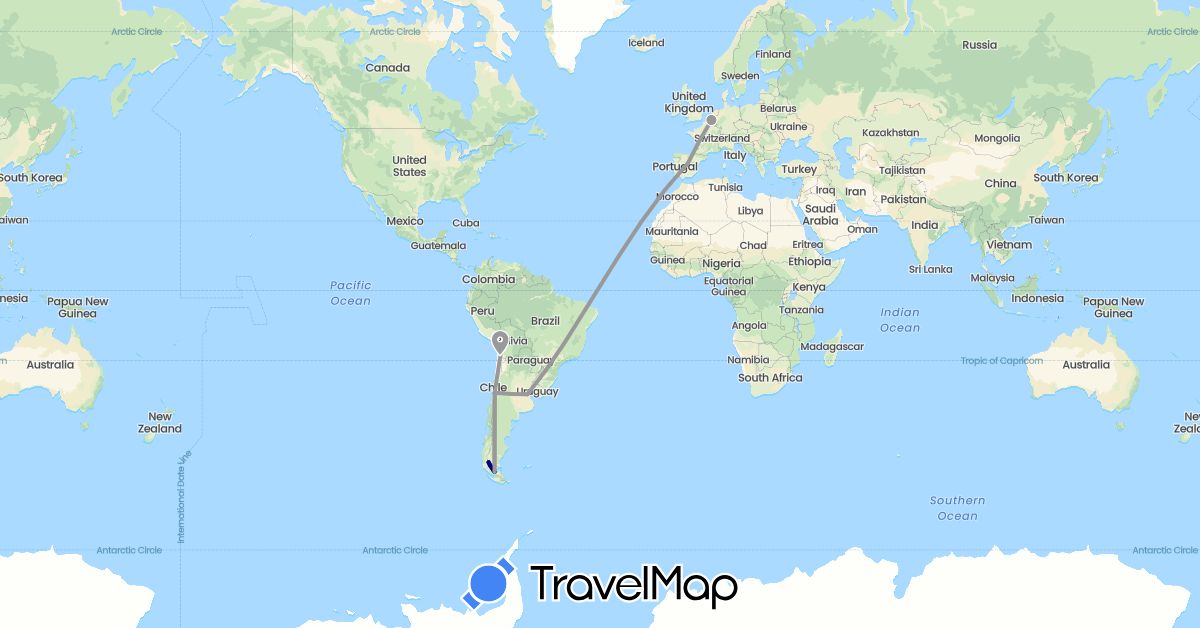 TravelMap itinerary: driving, plane in Argentina, Belgium, Chile, Spain (Europe, South America)